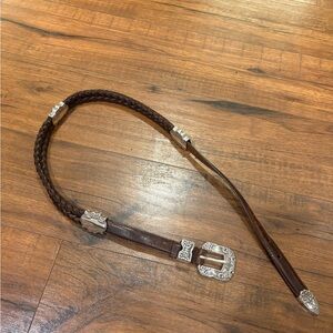Western Style Double Braided Leather Belt Silver Hardware Brown Size Small